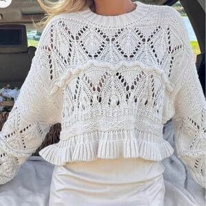 GREIGE Cream Long Sleeve Crochet Ruffle Cropped Sweater--NWT--L